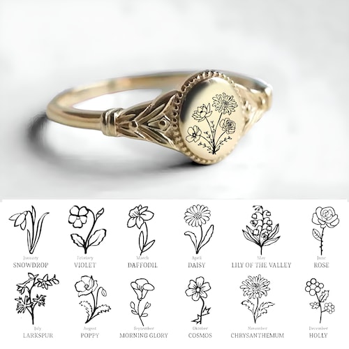 Anello floreale personalizzato per la nascita, gioielli floreali per i 12 mesi di nascita, anello floreale personalizzato per la mamma da donna, anelli di famiglia, regalo personalizzato f-2