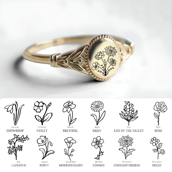 Anello floreale personalizzato per la nascita, gioielli floreali per i 12 mesi di nascita, anello floreale personalizzato per la mamma da donna, anelli di famiglia, regalo personalizzato f-2
