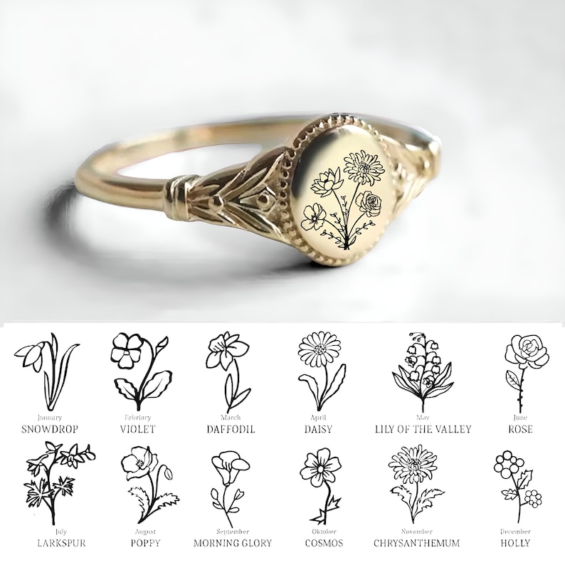 Personalized Birth Flower Ring, 12 Birth Month Flower Jewelry, Custom Mother Floral Ring for Women, Family Rings, Personalized Gift f-2 image 1