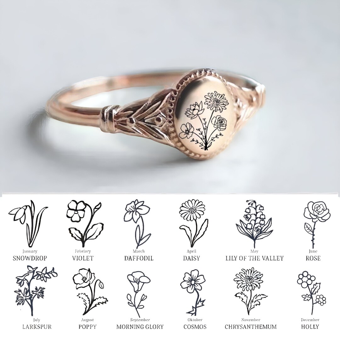 Personalized Birth Flower Ring, 12 Birth Month Flower Jewelry, Custom ...