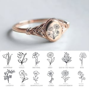 Personalized Birth Flower Ring, 12 Birth Month Flower Jewelry, Custom Mother Floral Ring for Women, Family Rings, Personalized Gift f-1 zdjęcie 1