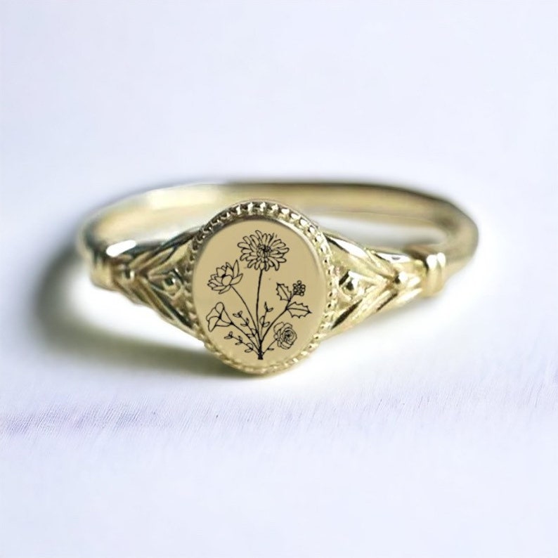 Personalized Birth Flower Ring, 12 Birth Month Flower Jewelry, Custom Mother Floral Ring for Women, Family Rings, Personalized Gift f-1 zdjęcie 7