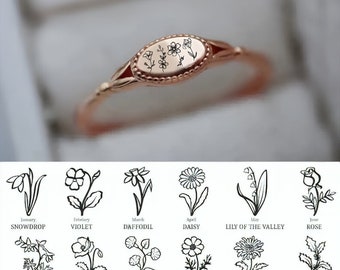 Personalized Birth Flower Ring, 12 Birth Month Flower Jewelry, Custom Mother Shell Floral Ring for Women, Family Rings, Personalized Gift f1