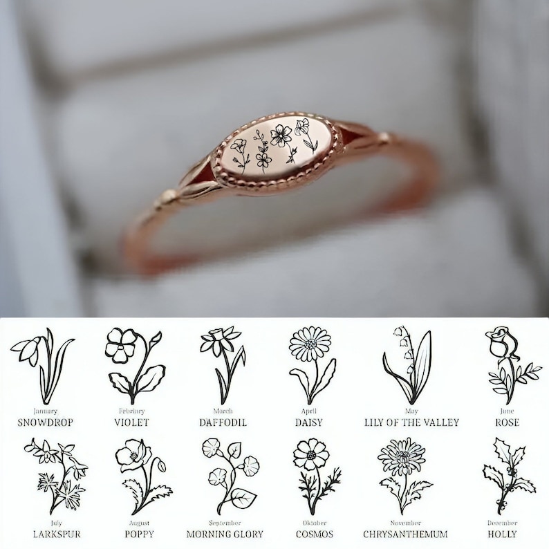 Personalized Birth Flower Ring 12 Birth Month Flower Jewelry Etsy