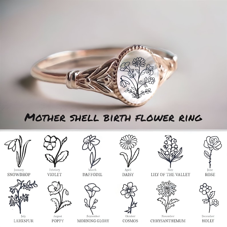 May include: A gold ring with a mother-of-pearl inlay featuring a delicate floral design. The ring is a birth flower ring, with each month's flower depicted below the ring. The flowers include snowdrop, violet, daffodil, daisy, lily of the valley, rose, larkspur, poppy, morning glory, cosmos, chrysanthemum, and holly.