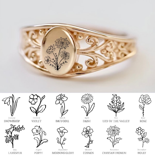 Personalized Birth Flowers Ring, Custom Birthflowers Family Ring, 925 Sterling Silver Bouque Ring, Personalized Ring for Women, Gift for Her