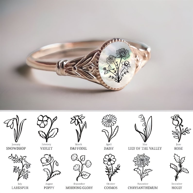 Personalized Birth Flower Ring, 12 Birth Month Flower Jewelry, Custom Mother Floral Ring for Women, Family Rings, Personalized Gift f-1 zdjęcie 2