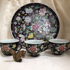 Black Famille Rose Chinoiserie Tray with 3 Tea Cups