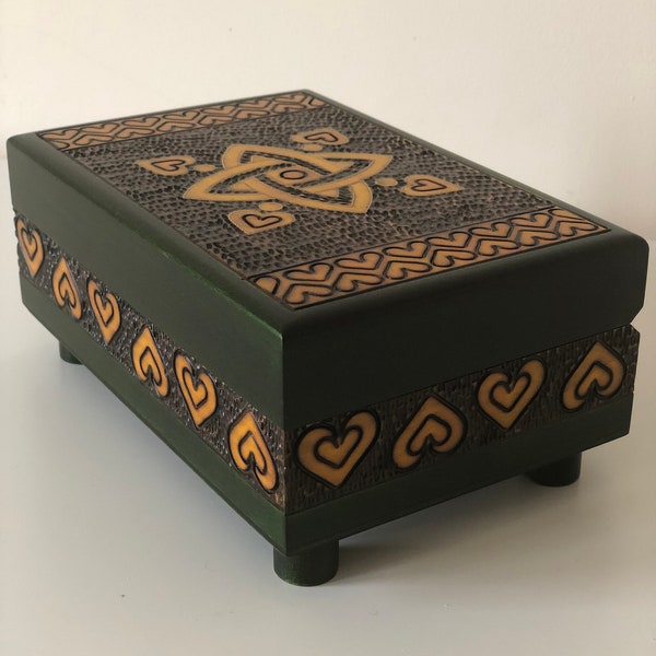 Handmade Wooden Secret Box/Jewellery Box/Keepsake Box/Celtic Knot/ Lockable Wooden Box/ Chest with Hearts/ Secret Opening Box/ Trick Box