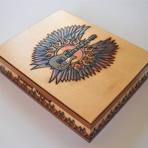 Handmade Wooden Guitar Box / Trinket Box / Keepsake Box / Music Box / Gift for musican / Guitar pick box / Music Theme / Jewelry Box