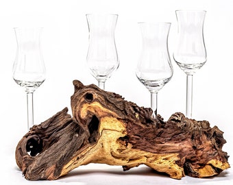 Liquor service on real wood root 4 grappa glasses