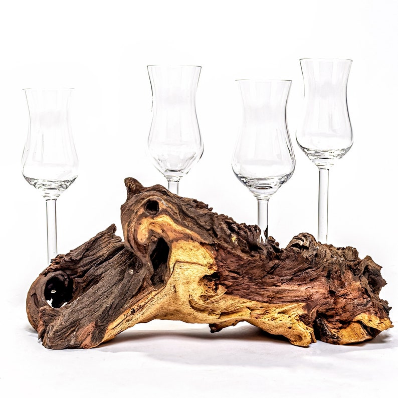 Schnaps service on real wood root 4 grappa glasses 4er Wurzel