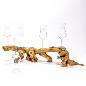 Liquor service on real wood root 5 grappa glasses