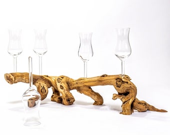 Schnaps service on real wood root 5 grappa glasses