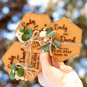 Floral Birch Wood Wedding Favor Magnet: Hexagon Thank You Gift
