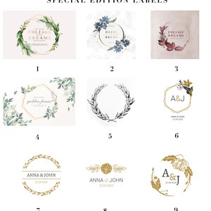 May include: Nine different wedding label designs featuring gold and green foliage, floral, and geometric frames. The labels include the text "Foliage Dreams", "Hazel Bruno", "A&J Anna & John 22-04-2020", "Beautiful Golden Frame", and "Anna & John 22-04-2020".