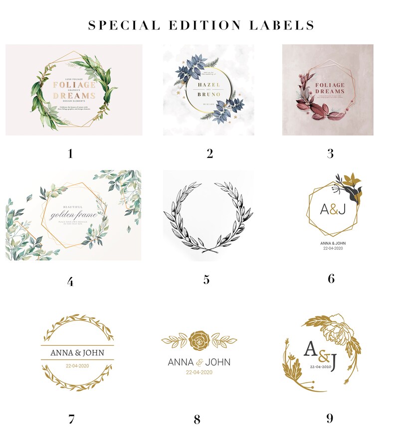 May include: Nine different wedding label designs featuring gold and green foliage, floral, and geometric frames. The labels include the text "Foliage Dreams", "Hazel Bruno", "A&J Anna & John 22-04-2020", "Beautiful Golden Frame", and "Anna & John 22-04-2020".