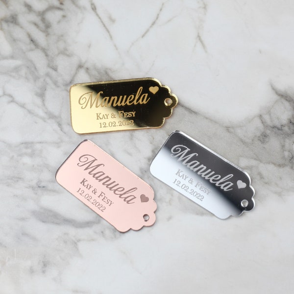 Rose Gold Acrylic Mirror Tags, Favor Tag, Personalized Wedding Favor, Silver Acrylic Tags for Save the Date, Cake Charm, Reception Token