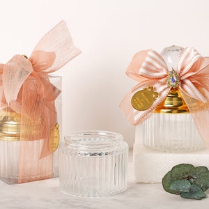 Wedding Favor | Minimalist Candy Jar  | Personalized Cany Dish| Elegant Gift for Guets| Pink-White Ribbon  Gold Lid Glass Container