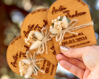 Birch Wood Save The Date Magnets: Arch Floral Design With Envelopes