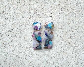 Pendientes colgantes con círculo geométrico y forma de S, multicolor, estampado patchwork de los años 80