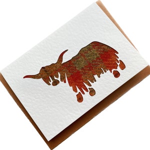 Tarjeta de felicitación escocesa Highland Coo con Harris Tweed®, tarjeta Highland Cow
