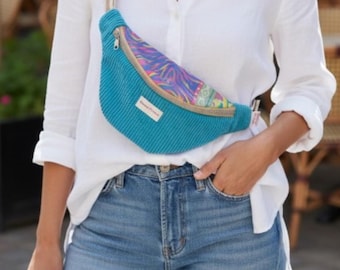 Dames heuptasje van tweekleurig fluweel en katoen, handgemaakte schoudertas (Frankrijk), verstelbare riem met sleutelhanger, cadeau voor vrouwen