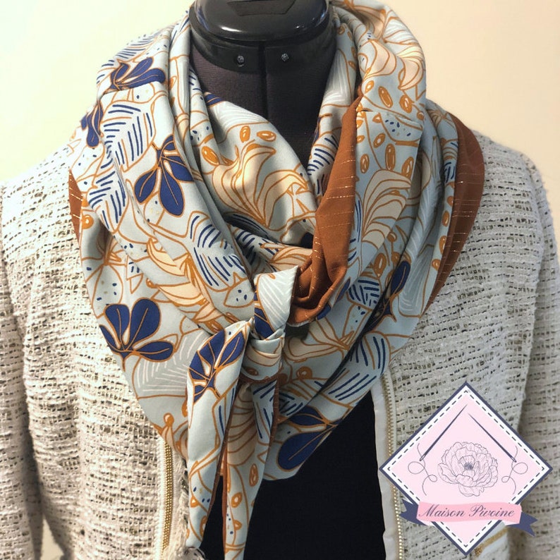 Chèche femme, chèche réversible, foulard triangle, écharpe, châle, coton , gaze lurex, viscose bleu et marron image 2