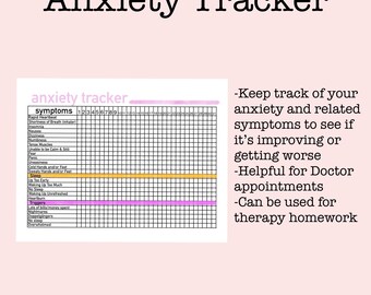 Può includere: Grafico Anxiety Tracker con intestazione e griglia rosa. Il grafico elenca i sintomi dell'ansia come battito cardiaco accelerato e nausea. Il testo a destra spiega l'uso del grafico per il monitoraggio dei sintomi e gli appuntamenti.