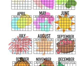 Calendario imprimible de un vistazo, descarga digital, planificador imprimible, bullet journal imprimible, calendario, calendario anual, planificador