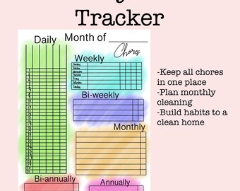 May include: A colorful chore tracker with sections for daily, weekly, bi-weekly, monthly, bi-annually, and annually tasks. The text "Monthly Chore Tracker" is at the top. The tracker includes the text "Keep all chores in one place" and "Plan monthly cleaning".
