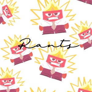 Puede incluir: Fondo blanco con un patrón repetido de un personaje rojo de dibujos animados con una llama amarilla en la cabeza. El personaje está rodeado de rayos amarillos. La palabra "Rants" está escrita en cursiva negra.
