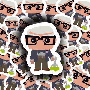 May include: A sticker sheet featuring multiple images of a cartoon character, an older man with glasses, wearing a blue suit and holding a cane. The character is from the animated film Up.