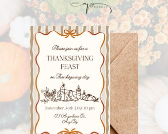 May include: Thanksgiving invitation card with a brown and cream color scheme. The card features the text "Please join us for a THANKSGIVING FEAST on Thanksgiving day" and includes the date, time, and address. The card is paired with a brown envelope.