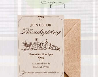 May include: A Friendsgiving invitation with a beige background and brown text. The invitation includes the text "Join Us For Friendsgiving" and event details. A brown envelope is next to the invitation.