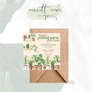 Puede incluir: Una invitación rosa claro con texto verde y una ilustración de acuarela de plantas en macetas. La invitación es para la fiesta de plantación de Anna, pintura y plantas, en Pavillion Park el 21 de octubre de 2021, de 3:30 a 6 PM.