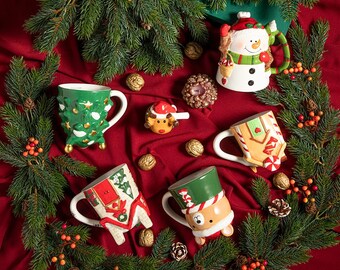 Christmas Mug, Pine Tree Mug, Handmade Mug, Coffee Mug, Latte Mug, Winter Mug, Santa Claus Mug, Large Mug, Snowman Mug