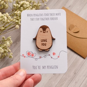 When Penguins Find Their Mate, Penguin Pocket Hug, Valentines Day Gift, Anniversary, Gift, Wooden Penguin, I love You Gift