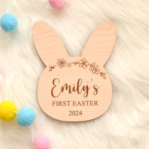 Baby's First Easter Bunny Photo Prop, Wooden Lay flat Plaque, Personalised First Easter Gift, Wooden Engraved Plaque- Maple Veneer