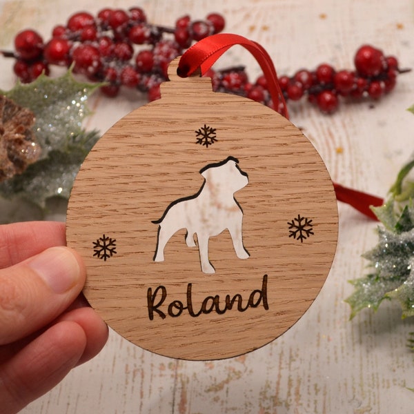 Staffy Christmas decoration, Personalised Staffordshire Bull Terrier Wooden Bauble, Tree Decoration, Memorial, Christmas Tree Ornament, Gift