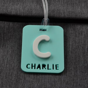 May include: A teal luggage tag with the name "CHARLIE" cut out at the bottom. A white letter "C" is affixed to the teal tag. A clear plastic loop is attached at the top for securing the tag to luggage or a bag.