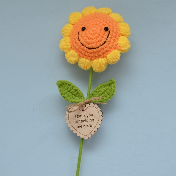 Teacher Gift, Thank You Teacher Gift, Sunflower,  Thank You For Helping Me Grow , Smiley Face Sunflower, Teaching Assistant, Crochet Flower
