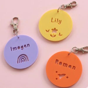 Personalised Kids Round Key Ring School Bag Name Tag, Lunch Bag Keyring, Personalised Keychain, Back To School image 1