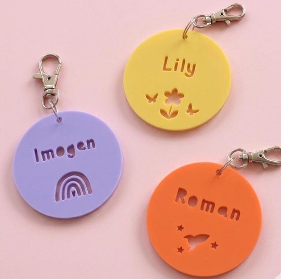 Personalised Kids Round Key Ring School Bag Name Tag, Lunch Bag Keyring, Personalised Keychain, Back To School