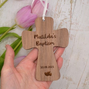 Personalised Wooden Cross, Christening, Baptism, Holy Communion, Keepsake Gift, Engraved Dove