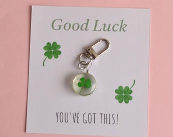 Good Luck Gift,  Four Leaf Clover Charm, New Job Good Luck Gift, Exams Gift, Lucky Charm