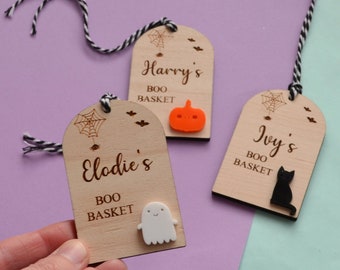 Boo Basket Tag, Personalised Halloween Gift, Tag, Wooden Name Tag, Wooden Engraved Decoration, Cat, Ghost, Pumpkin, Skull Or Bat