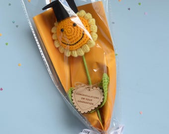 Handmade Crochet Sunflower Graduation Gift | Amigurumi Flower with Smiley Face & Black Mortarboard Hat | Congratulations on your Graduation