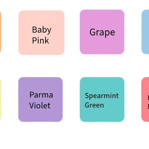 May include: Eight colorful square blocks with rounded corners, each displaying a different pastel color and a corresponding text label. Colors include pastel orange, baby pink, grape, baby blue, pastel yellow, parma violet, spearmint green, and pink raspberry.