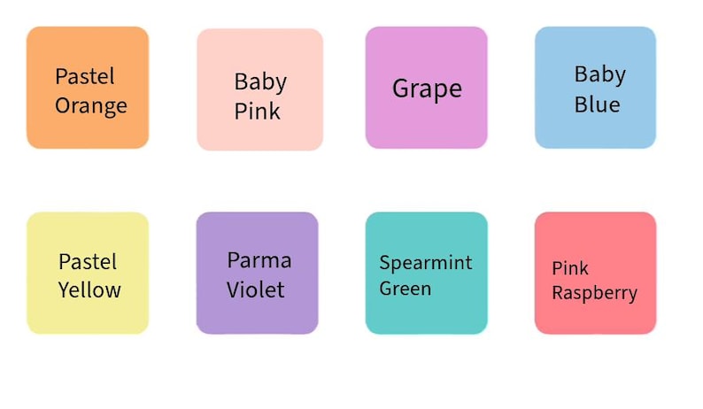 May include: Eight colorful square blocks with rounded corners, each displaying a different pastel color and a corresponding text label. Colors include pastel orange, baby pink, grape, baby blue, pastel yellow, parma violet, spearmint green, and pink raspberry.